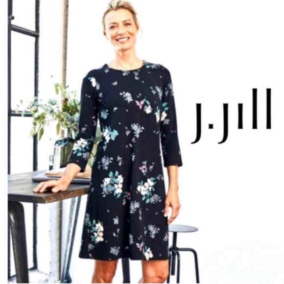 J Jill Wearever Perfect Black Floral Ballet Sleeve Dress Size 2X - Picture 5 of 16